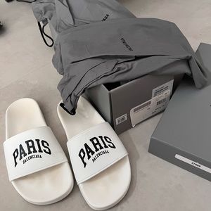 balenciaga Paris pool slides - white with box and shoe bags